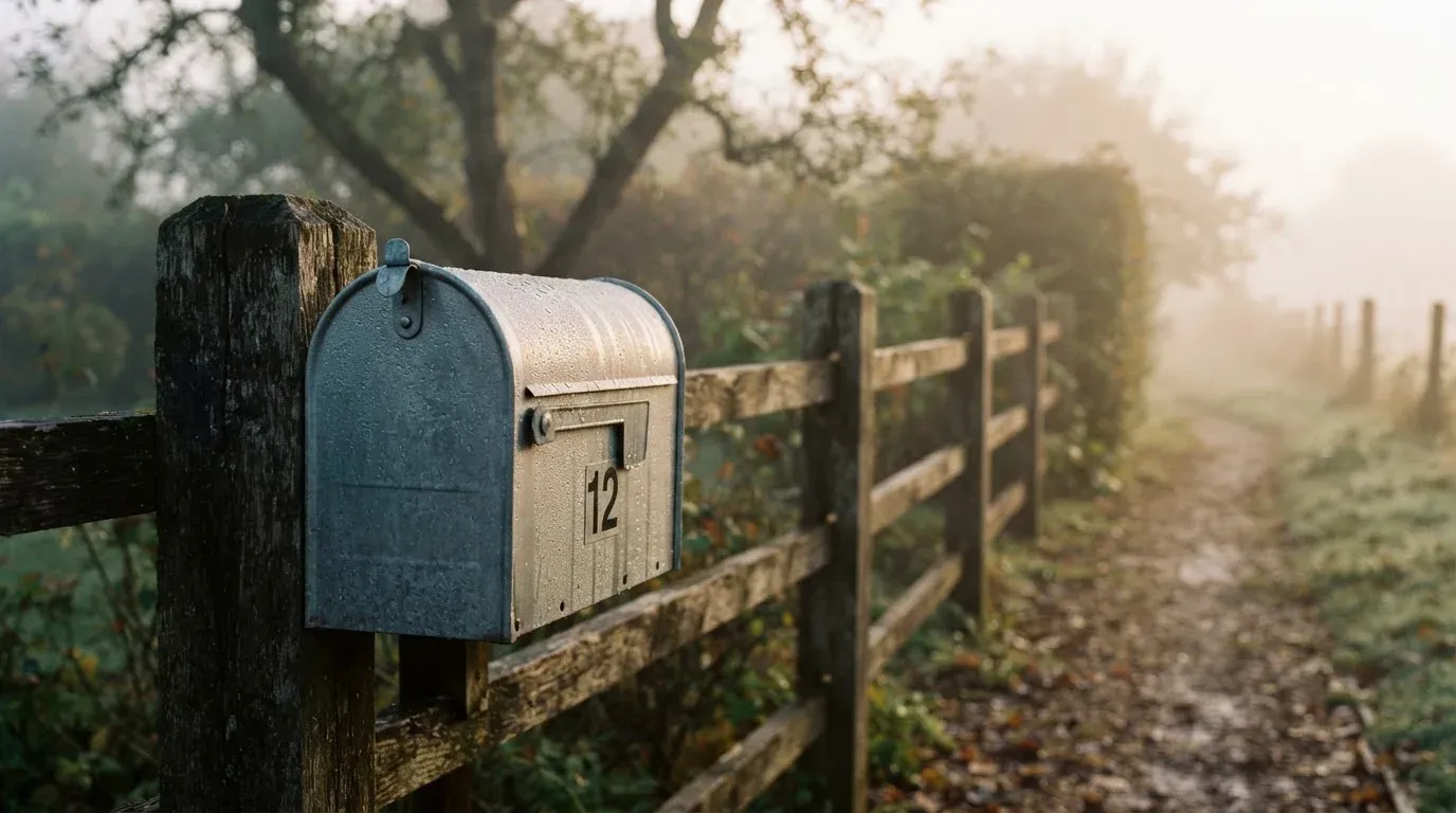 Ein Briefkasten aus Metall hängt an einem Holzzaun, dahinter liegt ein Garten im Morgennebel.