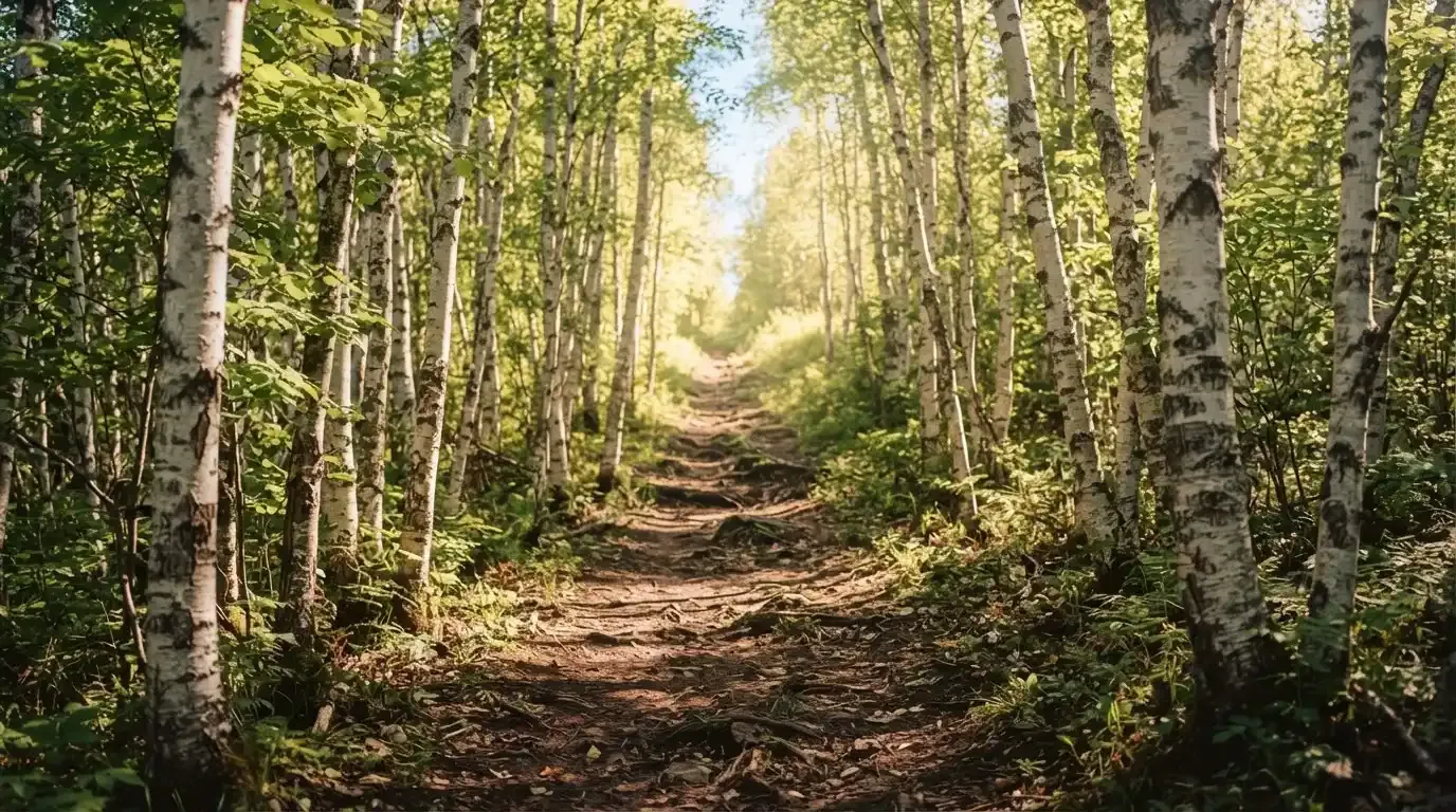 Ein Wanderweg führt zwischen hellen Birken bergauf, Sonnenstrahlen fallen durch das Laub auf den Boden.