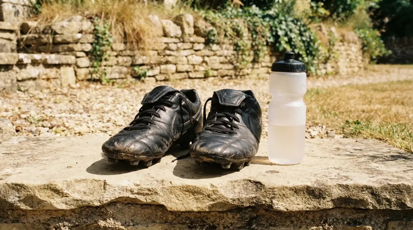 Ein Paar abgetragene Fussballschuhe steht neben einer Wasserflasche auf einer Treppenstufe im Sonnenlicht.