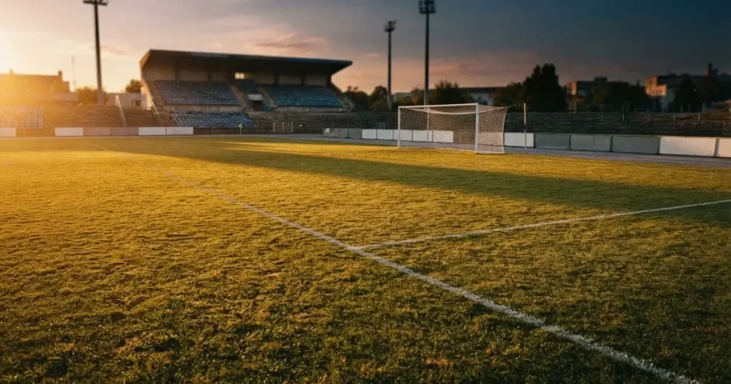 Ein Fussballplatz im Abendlicht mit langen Schatten der Torpfosten, die Rasenfläche leuchtet gelblich.