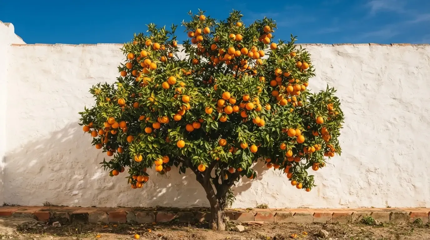 Ein Orangenbaum mit reifen Früchten wächst an einer weissen Mauer unter blauem Himmel.