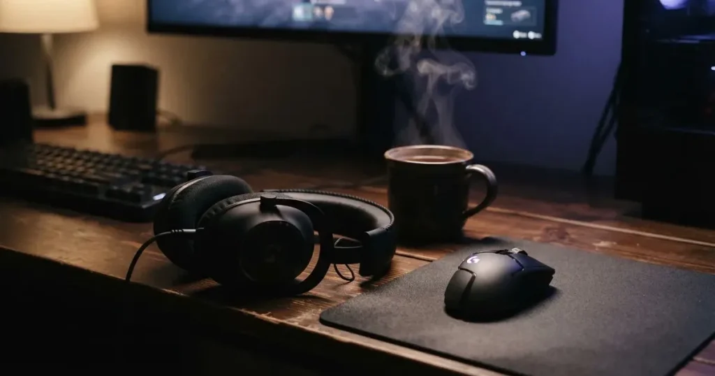 Ein Headset und eine Computermaus liegen auf einem dunklen Schreibtisch, daneben ein Becher mit dampfendem Tee.