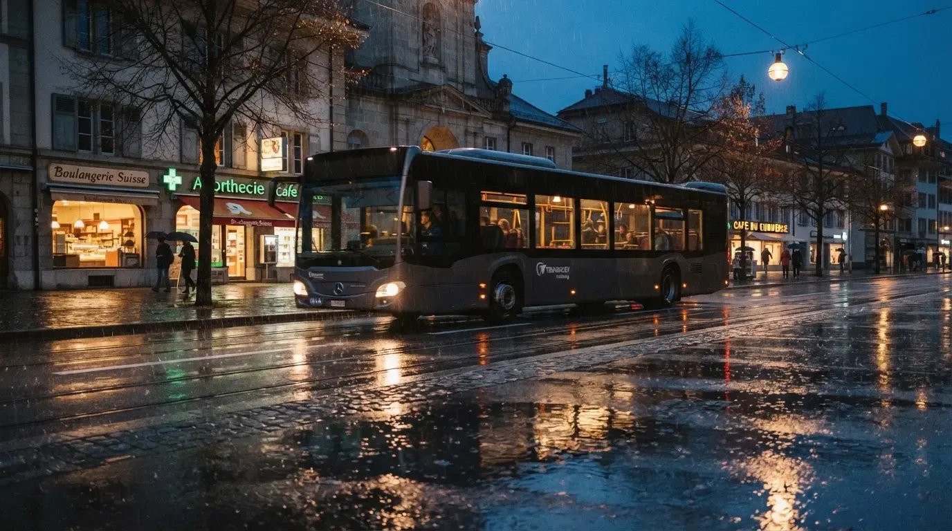 Ein Stadtbus fährt an einem regnerischen Abend durch eine Strasse mit Pfützen, die Lichter spiegeln sich im Asphalt.