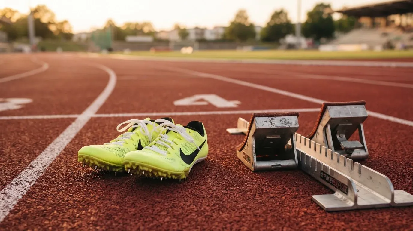 Ein Paar Laufschuhe mit Spikes liegt auf einer Tartanbahn neben einem Startblock, die Linien verlaufen in die Ferne.