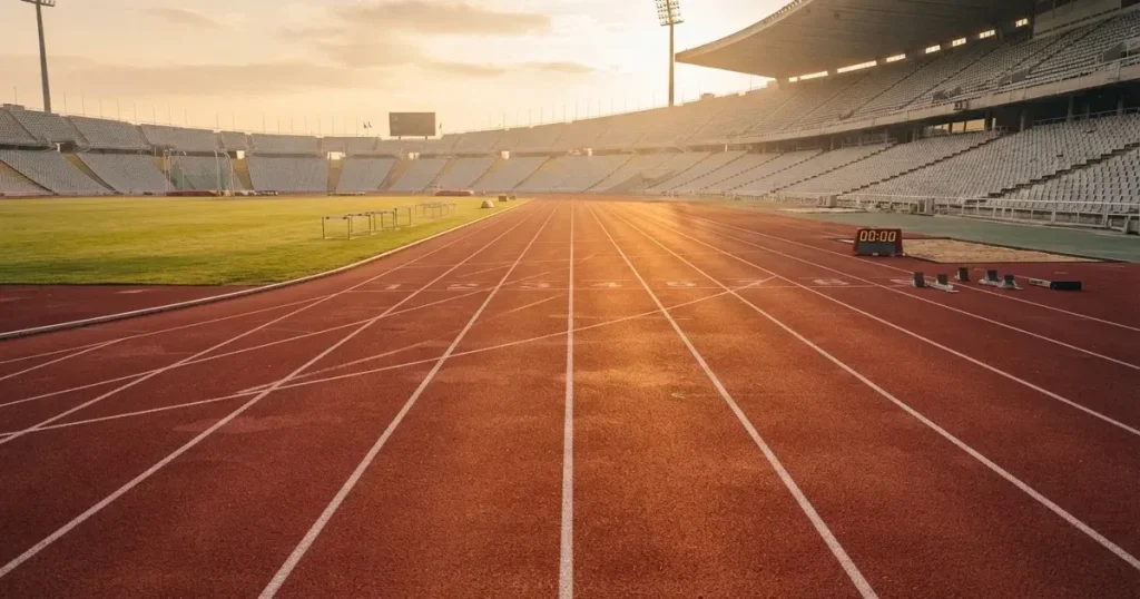 Eine rote Laufbahn mit weissen Linien leuchtet in der Morgensonne, im Hintergrund ein leeres Stadion.