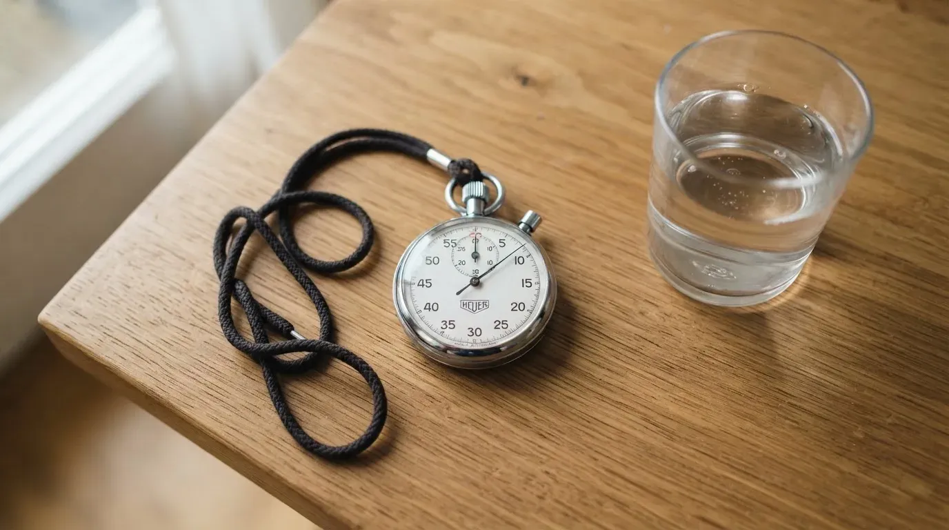 Eine Stoppuhr an einer Schnur liegt auf einem Holztisch neben einem Wasserglas, das Licht ist ruhig.