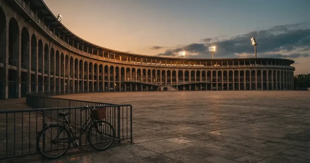 Ein Stadionrund von aussen in der Dämmerung, Betonbögen und leerer Vorplatz, ein Fahrrad lehnt am Geländer.