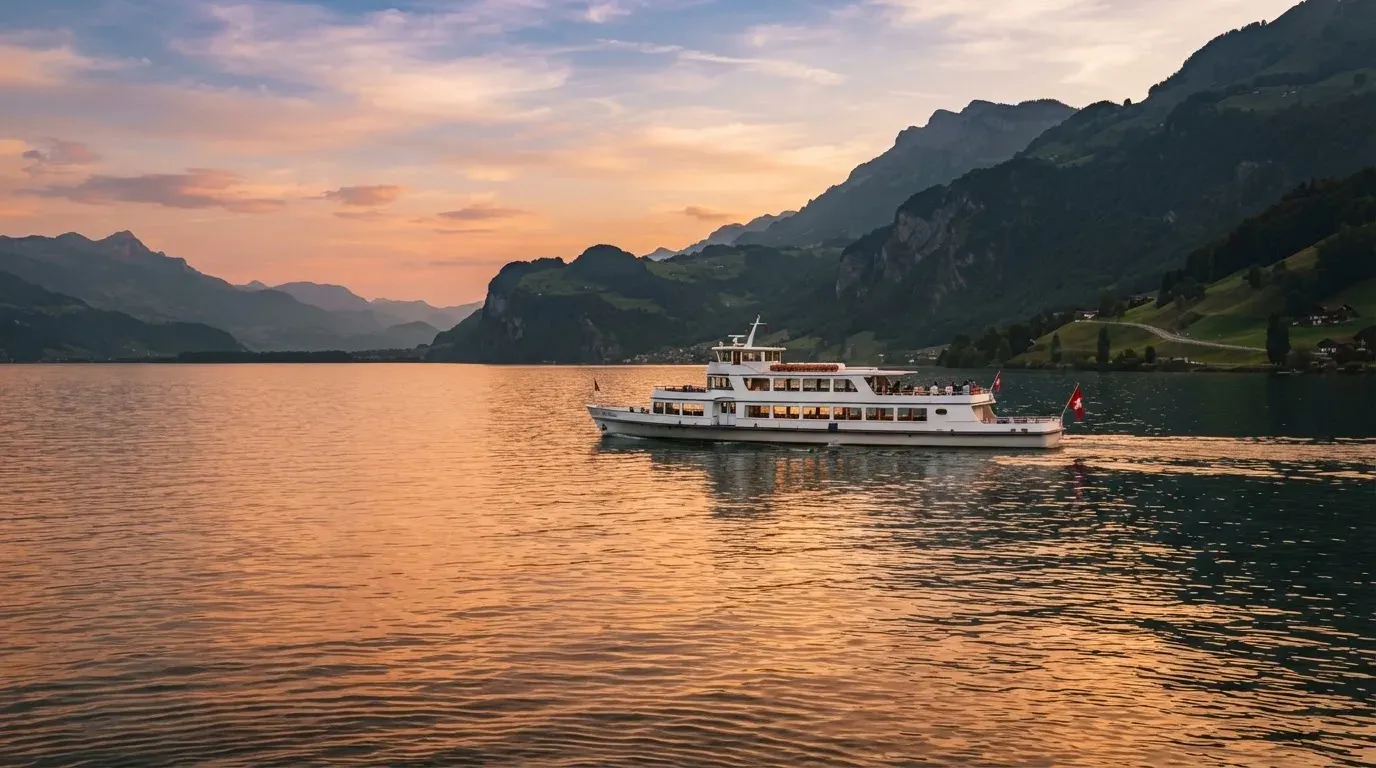 Eine Fähre gleitet bei Sonnenuntergang über einen ruhigen See, das Wasser glänzt in Orange.