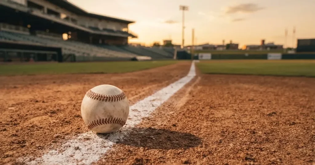 Ein weisser Baseball liegt auf rotbraunem Sand neben der Grundlinie eines leeren Stadions im warmen Abendlicht, die Ränge sind verlassen.