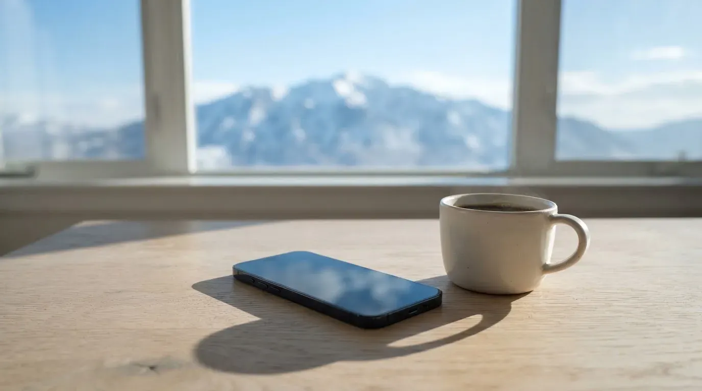 Ein Smartphone mit dunklem Bildschirm liegt auf einem hellen Schreibtisch neben einer Tasse, durch das Fenster dahinter sieht man eine Bergkette.