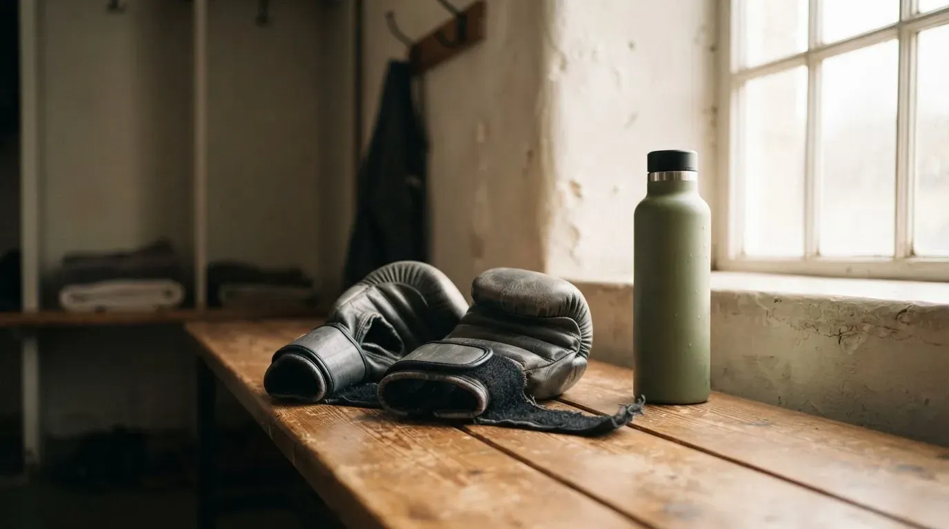 Ein Paar Kampfsporthandschuhe liegt auf einer Holzbank neben einer Wasserflasche in einer ruhigen Umkleide, durch ein hohes Fenster fällt Tageslicht.