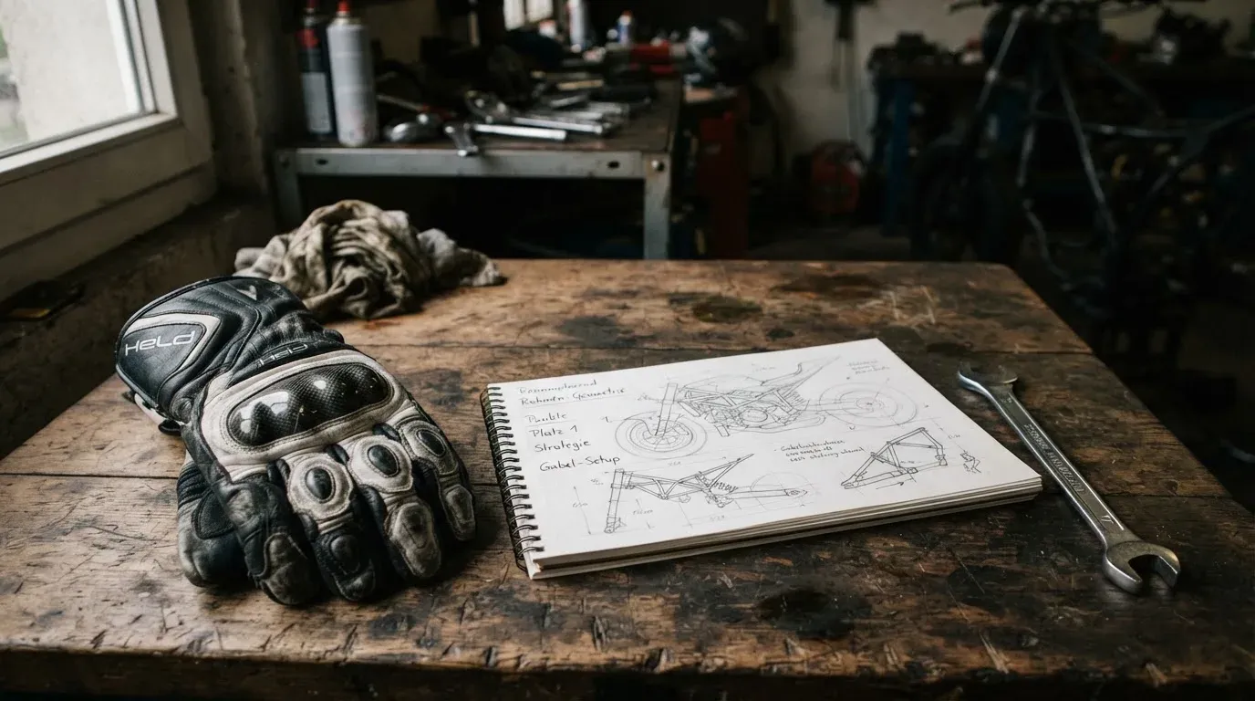 Ein Motorradhandschuh aus Leder liegt auf einer Werkbank neben einem Block mit handgezeichneten Skizzen und einem Schraubenschlüssel.