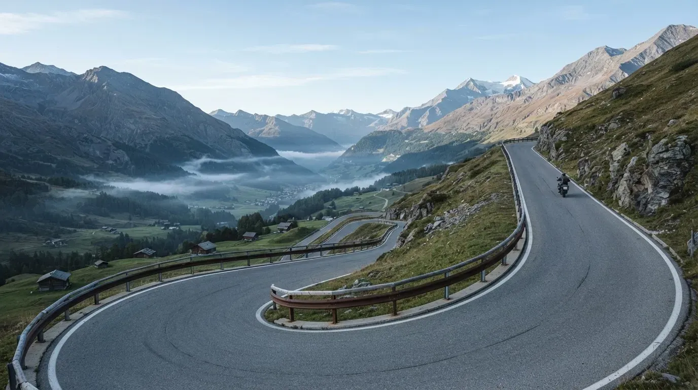 Eine Passstrasse in den Alpen mit enger Kurve und Leitplanke, darüber ein klarer Morgenhimmel und einzelne Nebelschwaden im Tal.