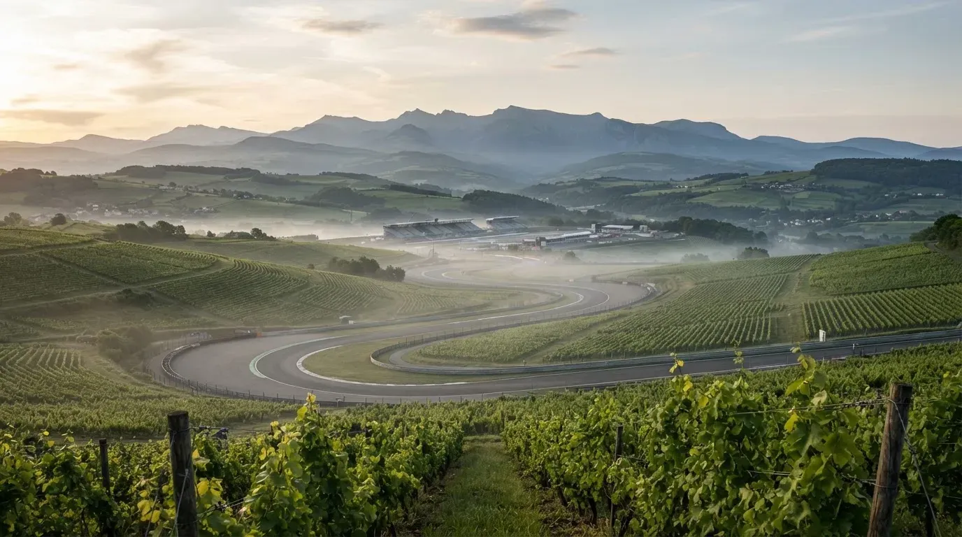 Eine Rennstrecke aus der Ferne zwischen Weinbergen und einer Bergkette, Dunst liegt am frühen Morgen über dem Asphalt.