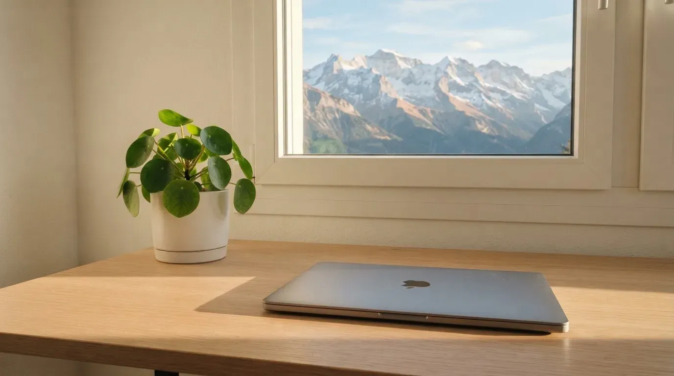 Ein Schreibtisch mit einem geschlossenen Laptop und einer Zimmerpflanze vor einem Fenster mit Blick auf eine Bergkette im Morgenlicht.