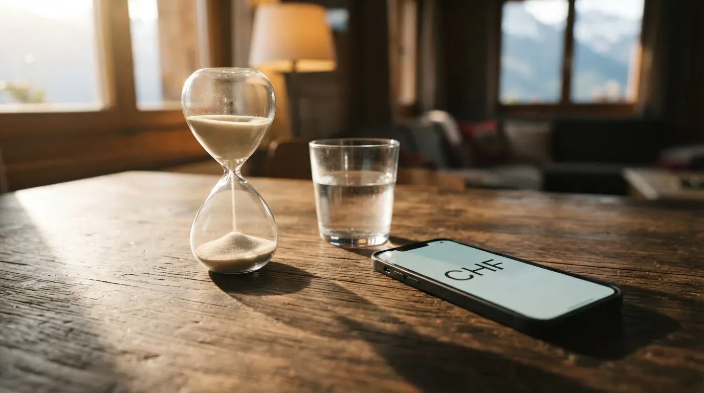Eine Sanduhr steht auf einem Holztisch neben einem Glas Wasser, schräges Morgenlicht wirft einen langen Schatten über die Tischplatte.