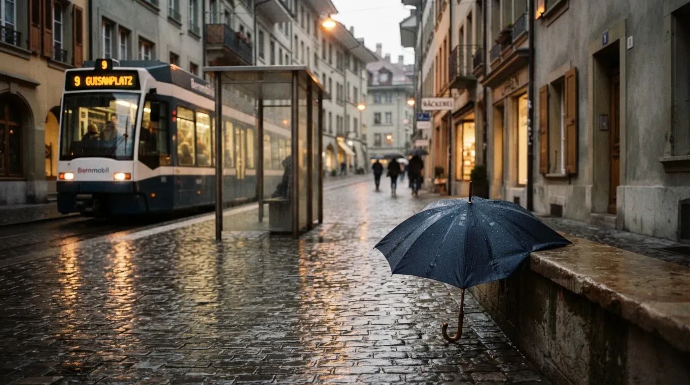 Eine Tramhaltestelle bei Regen in einer Altstadtgasse, das Kopfsteinpflaster glänzt und ein einzelner Regenschirm lehnt an einem Mäuerchen.