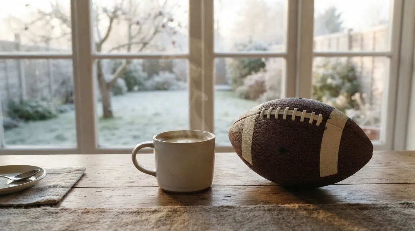 Ein Kaffeebecher und ein Football stehen auf einem Küchentisch am Morgen, durch das Fenster sieht man einen Garten mit Raureif.
