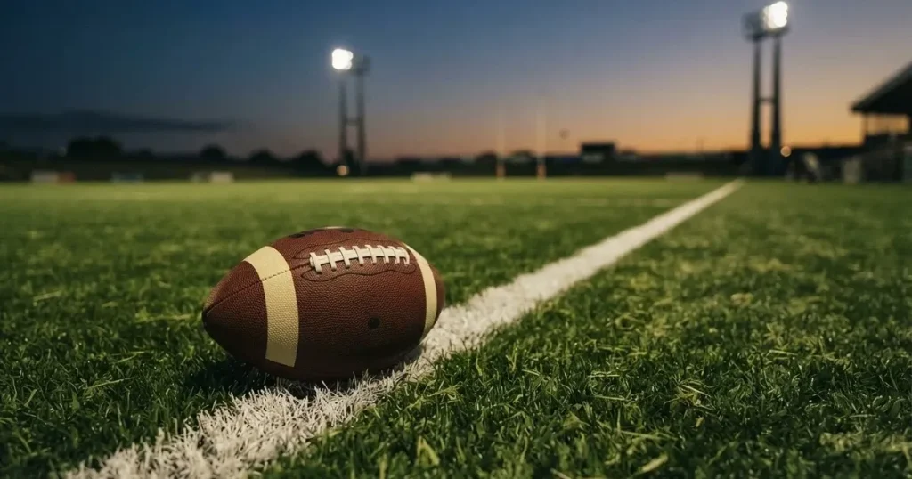 Ein ovaler Football liegt auf frisch gemähtem Rasen neben einer weissen Linie, im Hintergrund stehen leere Flutlichtmasten im Abendlicht.