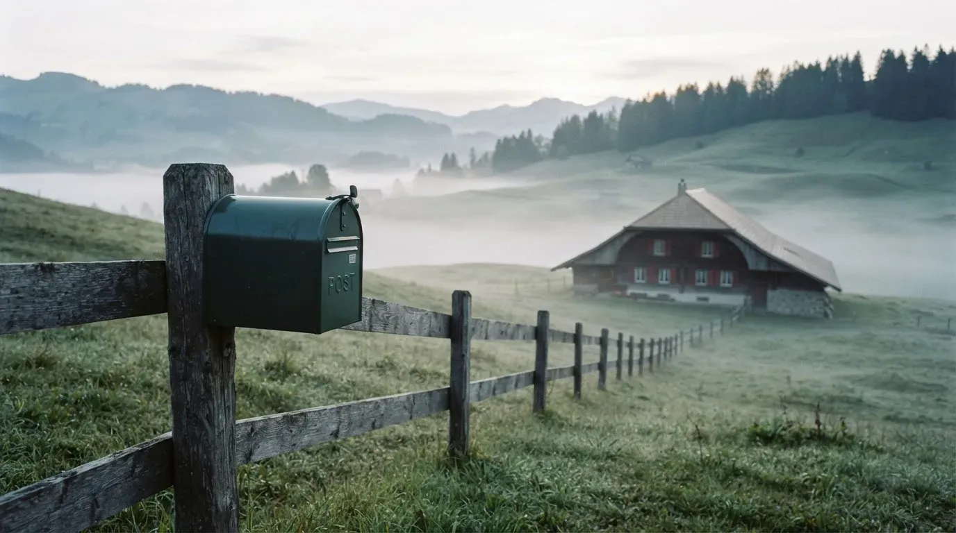 Ein Briefkasten an einem Holzzaun vor einem Bauernhaus in einer Hügellandschaft, auf den Wiesen liegt Frühnebel.