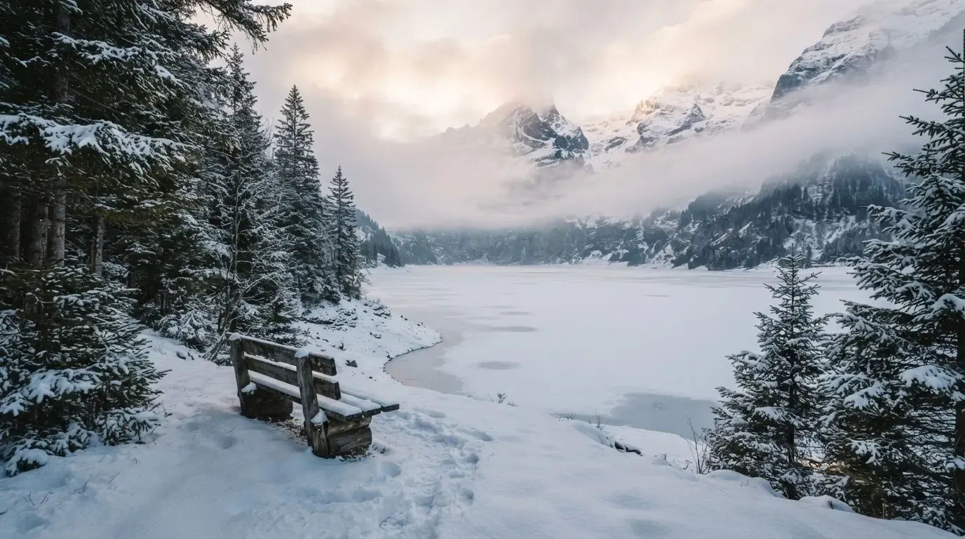Ein zugefrorener Bergsee im Morgendunst, am Ufer steht eine einsame Holzbank zwischen verschneiten Tannen.