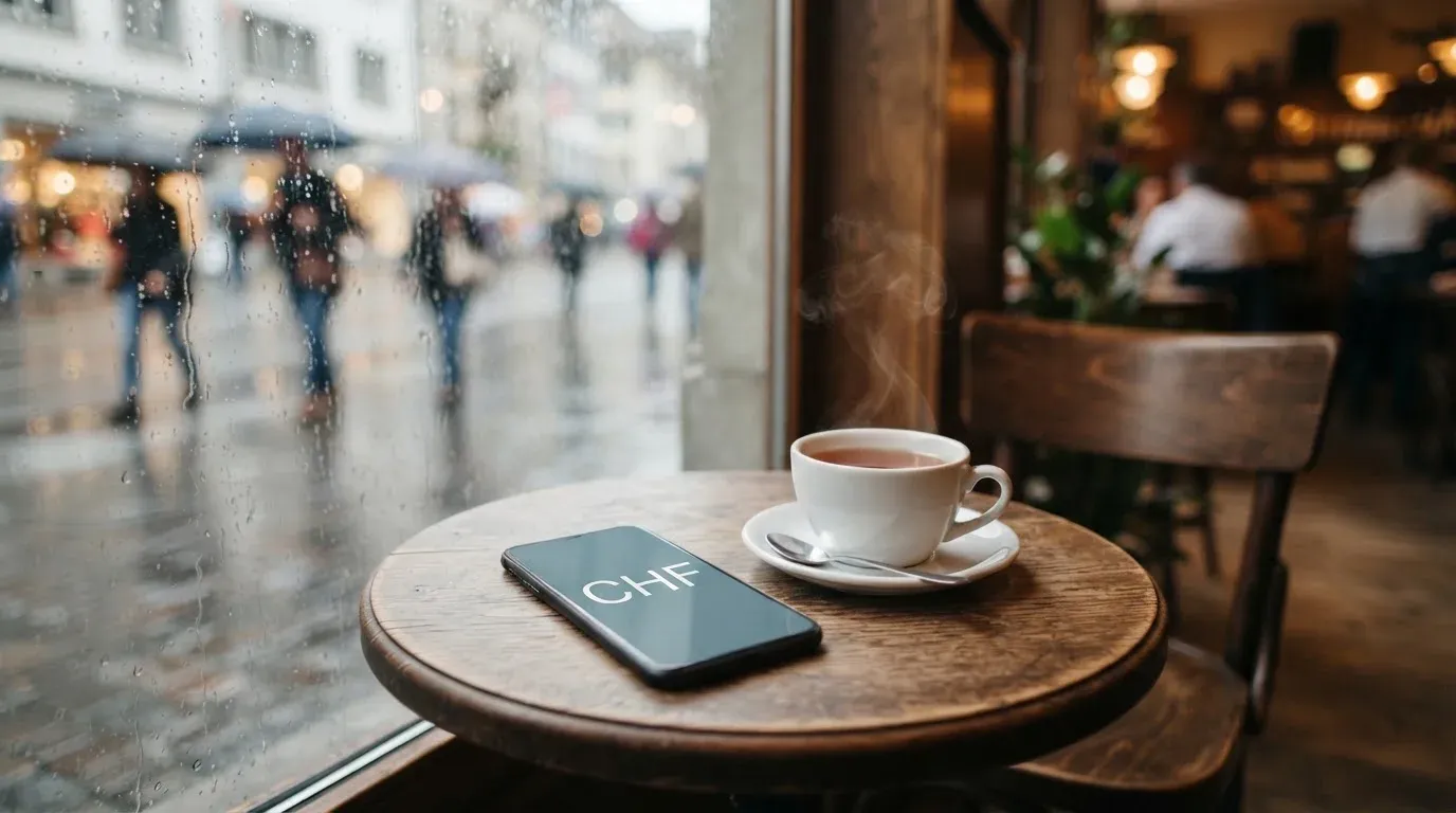 Ein Café-Tisch am Fenster mit einer Teetasse, draussen ein nasser Gehweg und Passanten mit Regenschirmen in unscharfer Ferne.