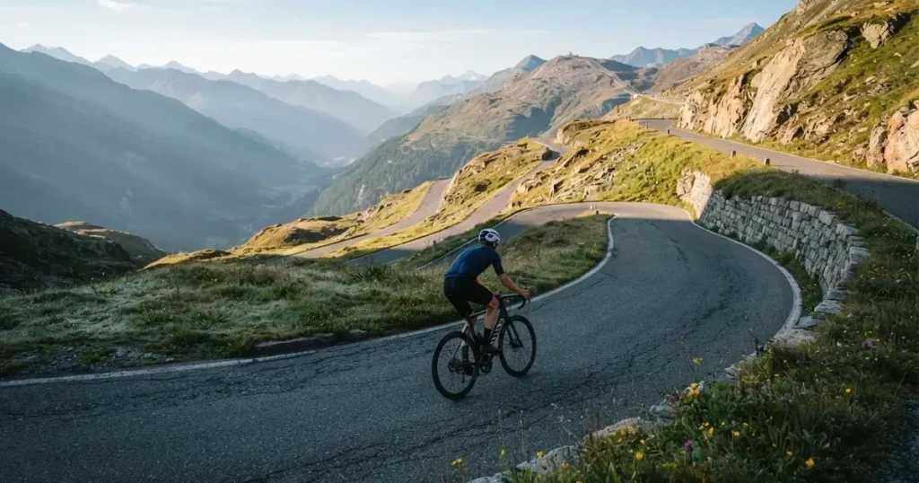 Eine Landstrasse schlängelt sich einen Alpenpass hinauf, am Strassenrand liegt feuchtes Gras und die Morgensonne färbt die Felsen.