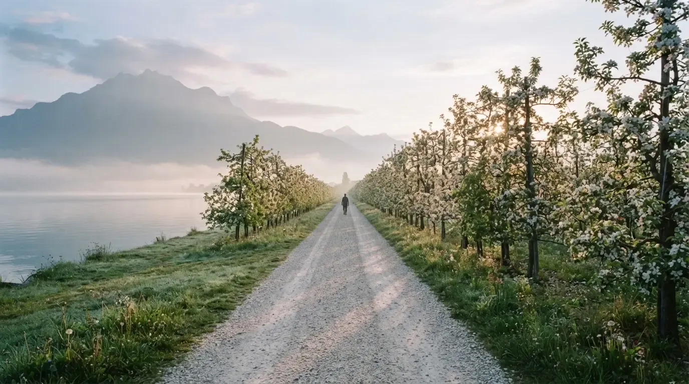 Ein langer Kiesweg zwischen Obstbäumen am Seeufer, im Hintergrund die Silhouette von Bergen im Dunst eines frühen Morgens.