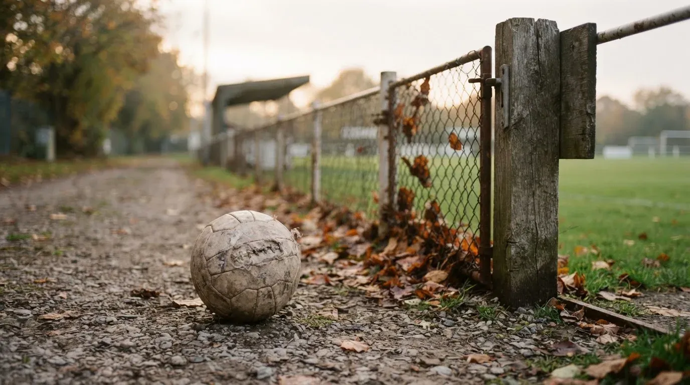 Ein abgenutzter Fussball liegt auf einem Kiesweg neben dem Eingang eines Vereinsplatzes, Laub liegt auf dem Boden.
