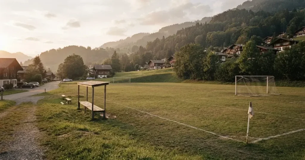 Ein kleiner Fussballplatz mit einfacher Holztribüne und Rasenstreifen am Rand einer Ortschaft, im Hintergrund ein bewaldeter Hügel im Abendlicht.