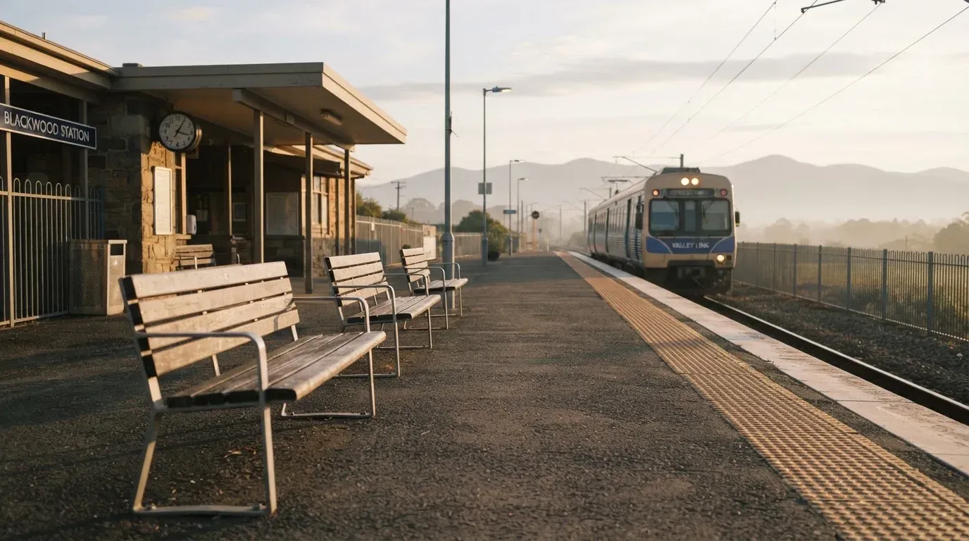 Ein Bahnsteig mit leeren Bänken an einem Regionalbahnhof am Morgen, ein Zug fährt in der Ferne ein.