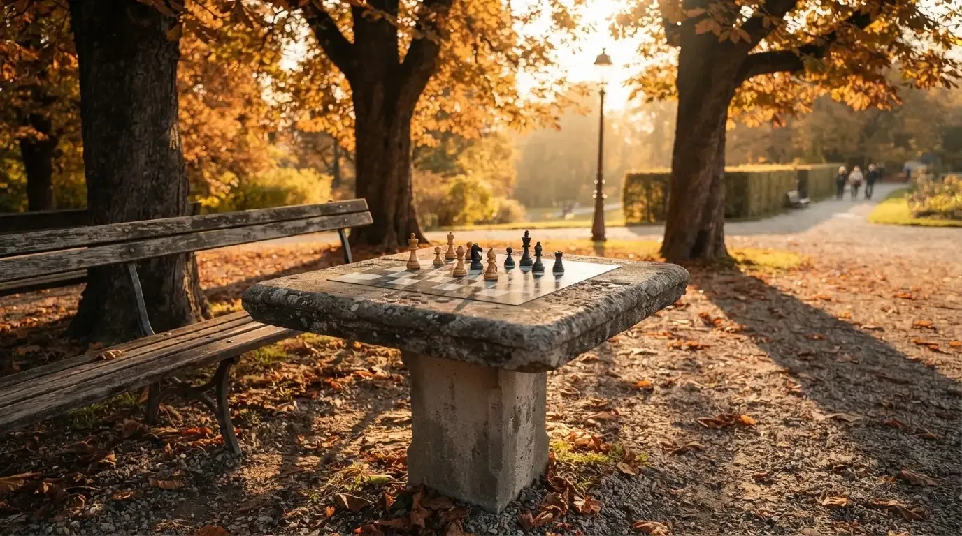 Ein Parkbank-Tisch mit eingelassenem Spielfeld unter alten Kastanien, auf den Wegen liegt Laub und die Sonne steht tief.