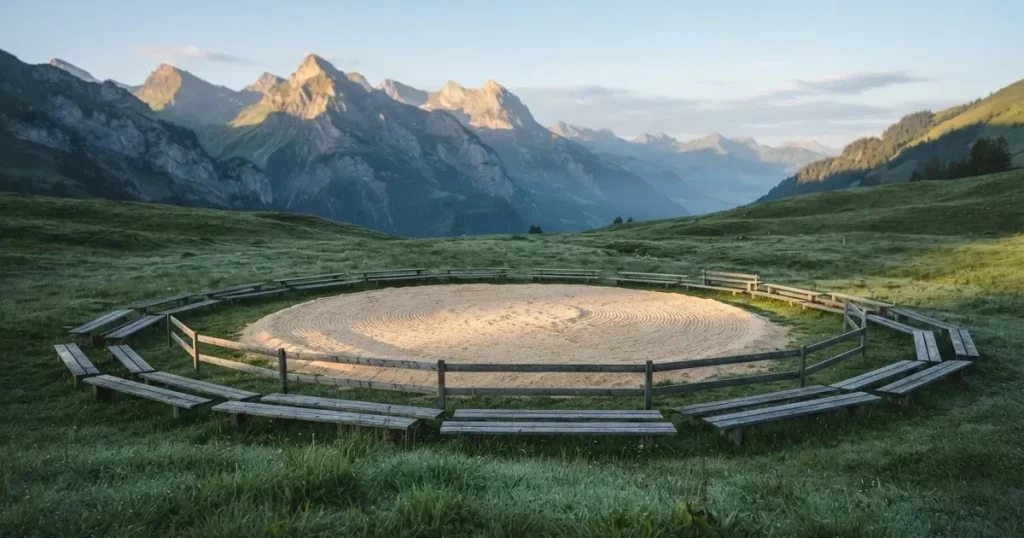 Ein kreisrunder Sägemehlring auf einer Wiese in den Voralpen, leere Holzbänke ringsum, im Hintergrund Berge im Morgenlicht.