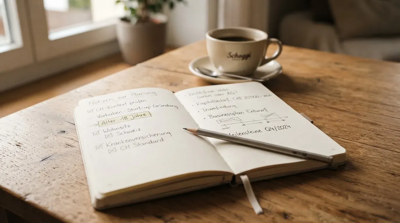 Ein aufgeschlagenes Notizbuch mit handschriftlichen Skizzen neben einem Bleistift und einer Kaffeetasse auf einem Holztisch.