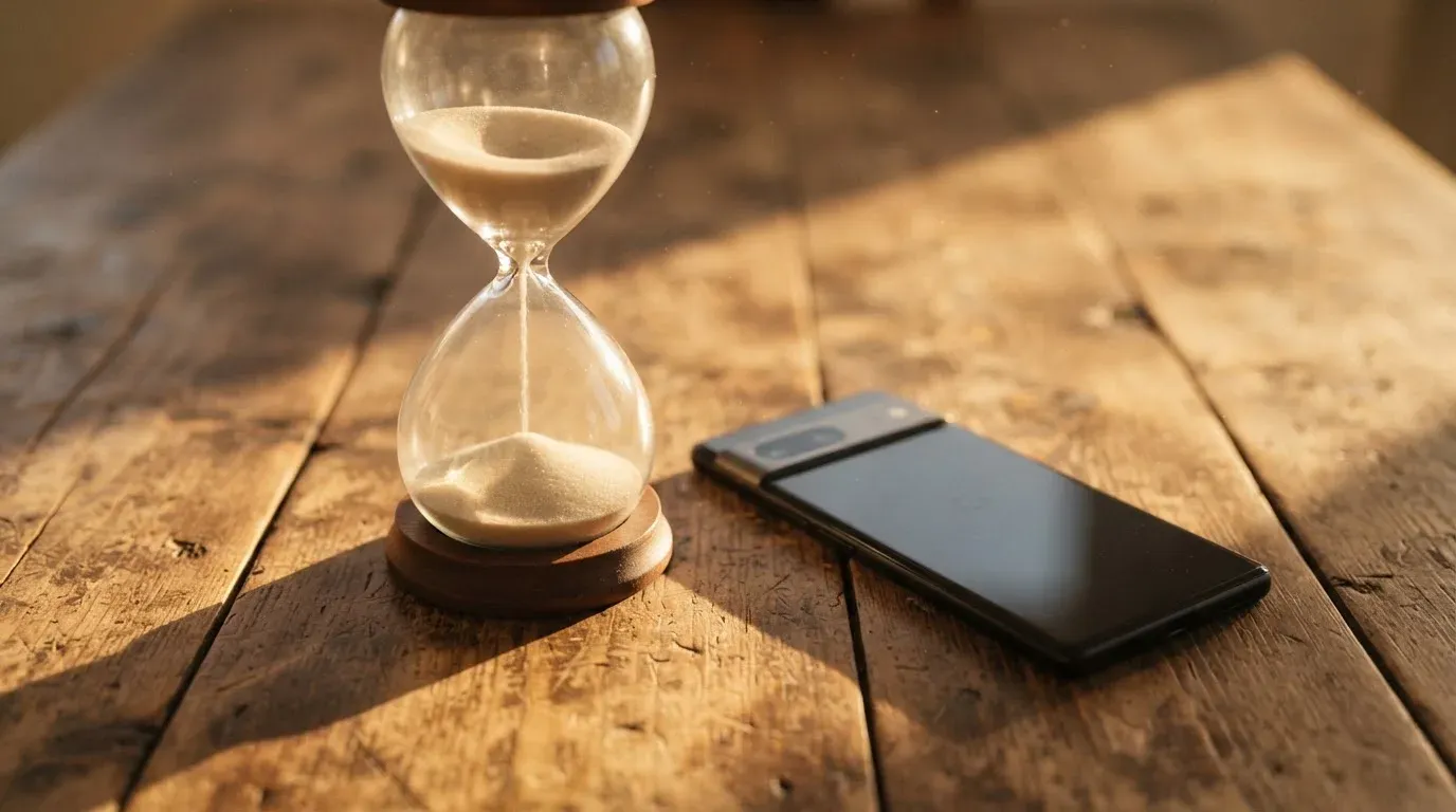 Eine Sanduhr steht auf einem Holztisch neben einem umgedrehten Smartphone, warmes Licht fällt von der Seite ein.