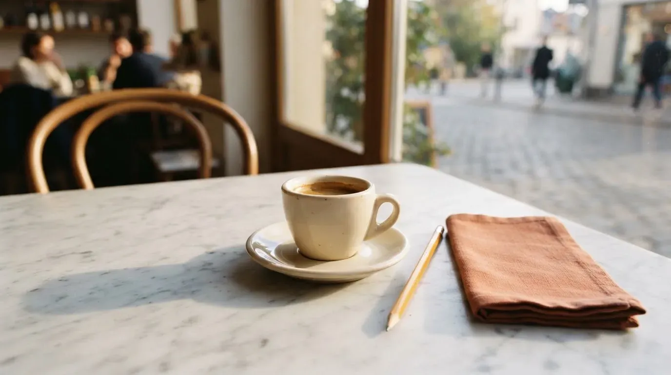 Eine Espressotasse und ein Bleistift liegen auf einem Caféhaustisch neben einer gefalteten Stoffserviette im Licht der Morgensonne.