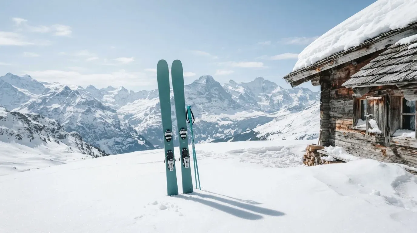 Zwei Skier stecken aufrecht im Schnee neben einer Holzhütte, dahinter ein weites Alpenpanorama bei klarem Himmel.