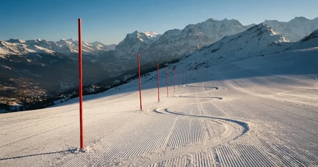 Ein frisch präparierter Hang mit Slalomstangen in einer Reihe im ersten Morgenlicht, Schneespuren im Hang und Berge im Hintergrund.