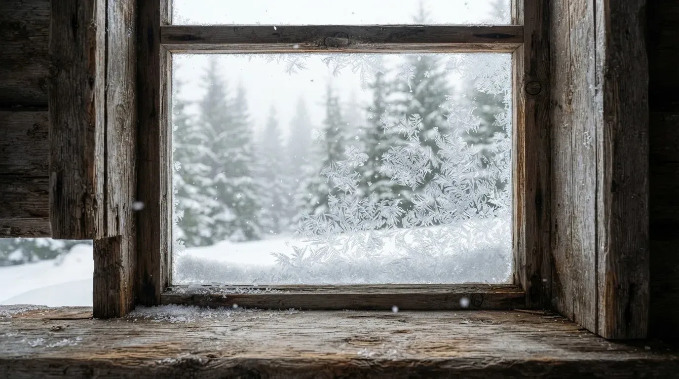 Ein vereistes Fenster einer Berghütte mit Blick auf verschneite Tannen im blassen Winterlicht.