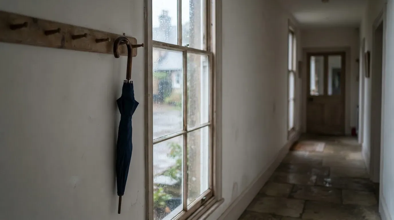 Eine Garderobe aus Holz mit einem dunklen Regenschirm in einem stillen Korridor, am Fenster rinnt Regen herunter.