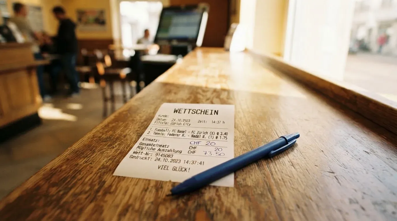 Ein leerer Wettschein aus Papier und ein Kugelschreiber liegen auf einer hölzernen Theke im Nachmittagslicht.