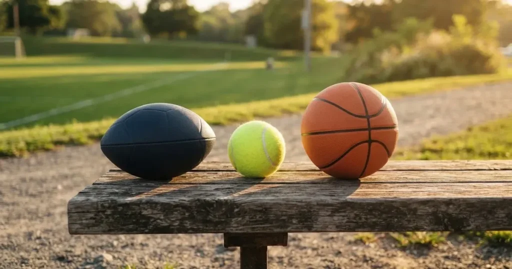 Drei Sportbälle, ein Fussball, ein Tennisball und ein Basketball, liegen nebeneinander auf einer Holzbank.