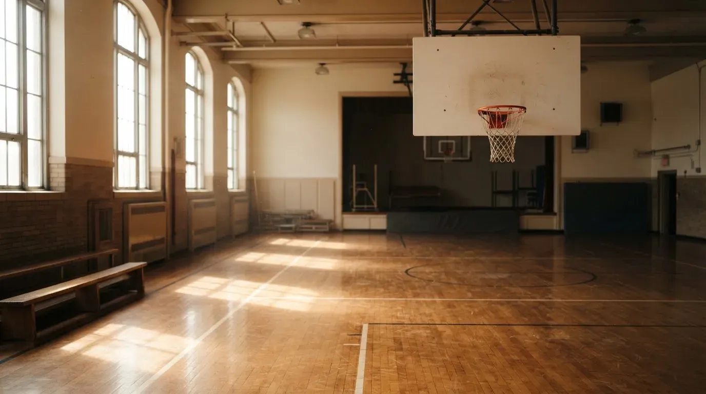 Ein Basketballkorb hängt in einer leeren Turnhalle, durch hohe Fenster fällt Licht auf das Holzparkett.