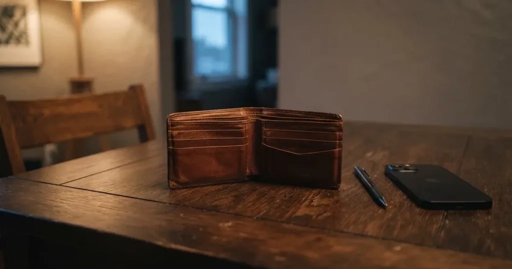 Eine leere Geldbörse aus Leder liegt geöffnet auf einem Tisch, daneben ein Kugelschreiber und ein Smartphone mit dunklem Display.