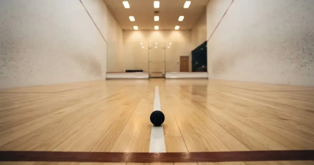 Ein leerer Squashcourt mit weissen Wänden und hellem Holzboden, ein Ball liegt in der Mitte, Deckenlicht spiegelt sich im Parkett.