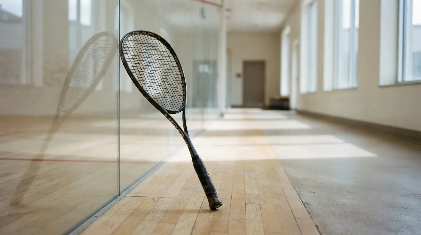 Ein Squashschläger lehnt an der Glaswand eines leeren Courts, draussen fällt Tageslicht in den Gang.