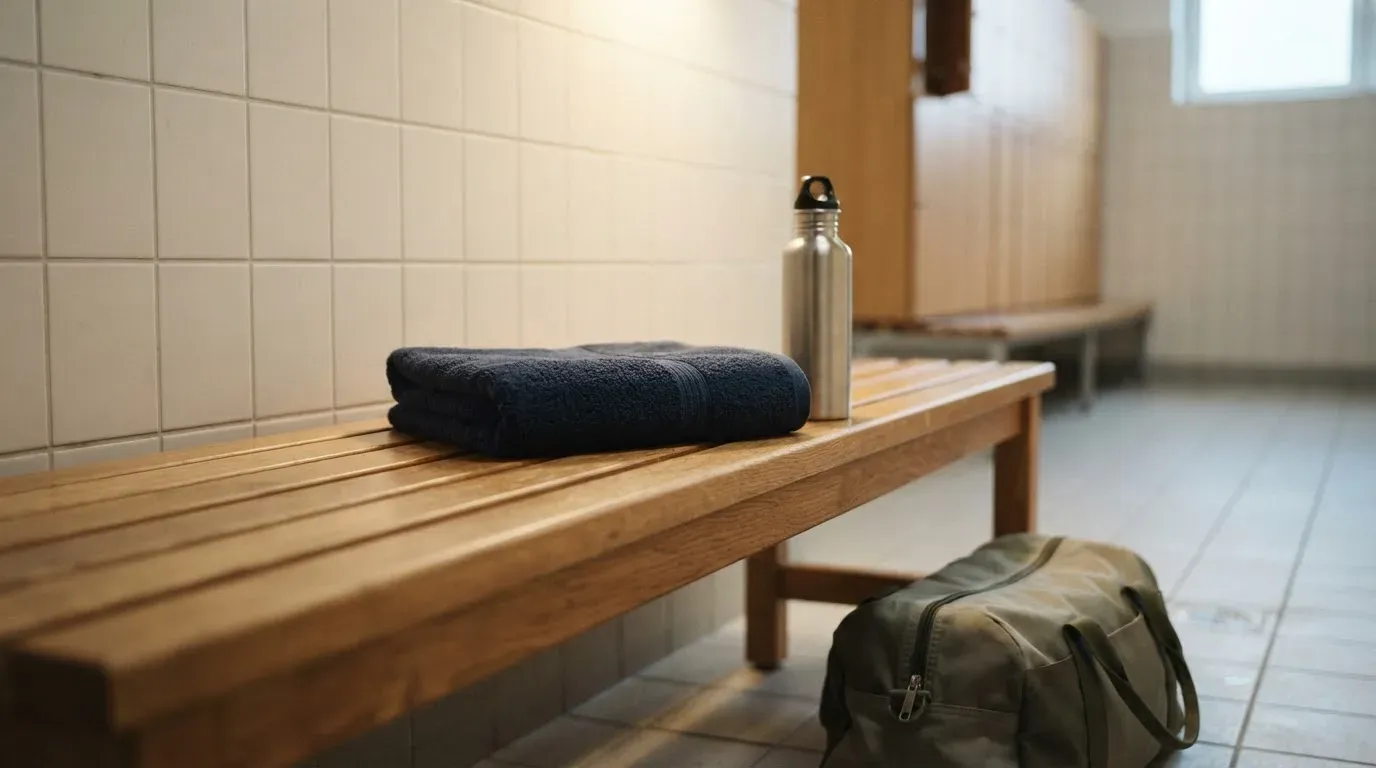 Ein Frottiertuch und eine Trinkflasche liegen auf einer Bank neben einer Sporttasche in einer ruhigen Garderobe.