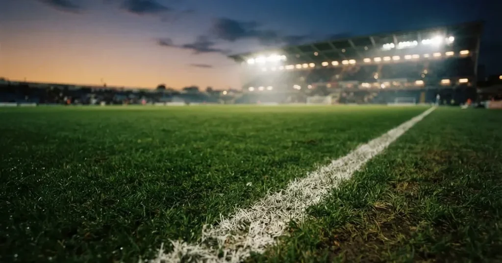 Eine Seitenlinie aus weisser Kreide auf dem Rasen in der Dämmerung, in der Ferne ragt eine hell beleuchtete Stadionschüssel auf.