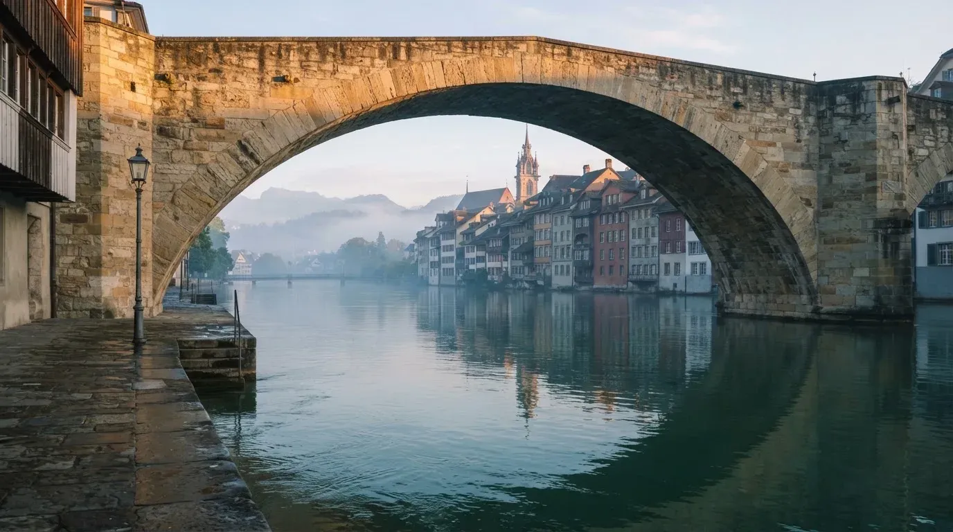Ein steinerner Brückenbogen über einem Fluss in einer Schweizer Altstadt im ersten Morgenlicht.