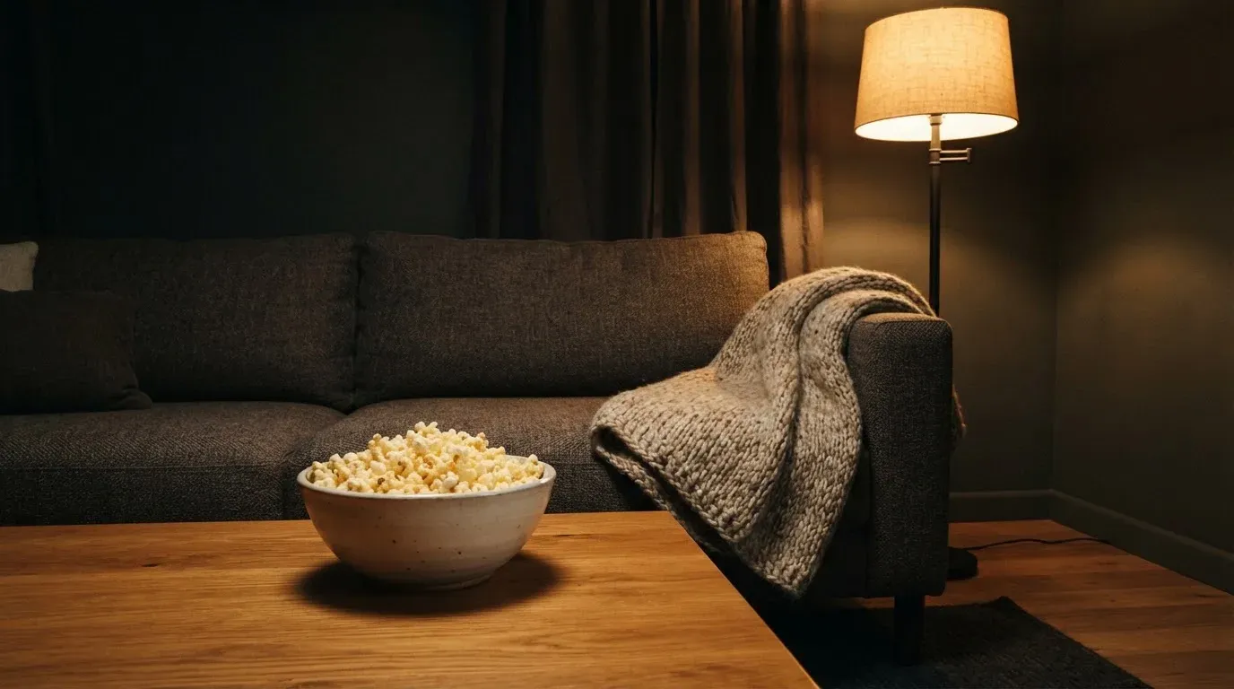 Ein Sofa mit Wolldecke und eine Schale Popcorn auf dem Couchtisch in einem Wohnzimmer bei Lampenlicht am späten Abend.